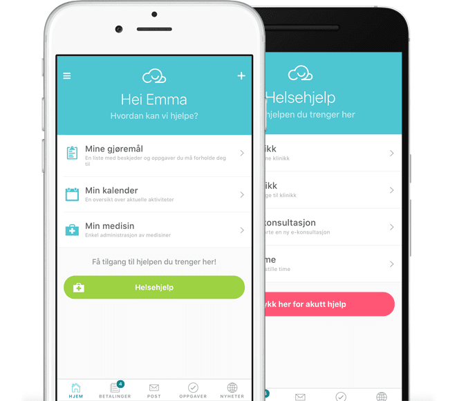 PasientSky-appen vist på to mobiltelefoner, med menyvalg for kalender, medisin, e-konsultasjon og timebestilling.